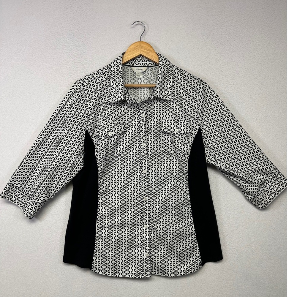 Geometric Mod CJ Banks Womens 2X Black White 3/4 Sleeve Button Down Shirt